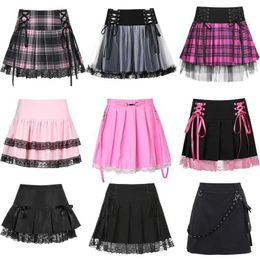 Skirts E-girl Gothic lace mini pleated leather strip womens punk Y2K aesthetic high waisted A-line short leather strip 90s vintage Harajuku street clothing Q240507