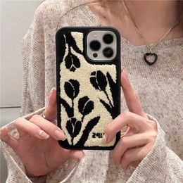 Cell Phone Cases Korean Black Tulip Flower Towel Embroidery Phone Case For phone 15 14 13 12Pro Max 11 Lovely Winter Plush Shockproof Soft Cover