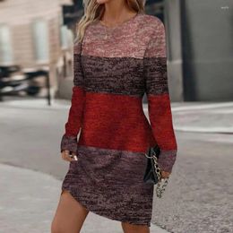 Casual Dresses Women Loose Fit Dress Colorblock Round Neck Long Sleeve Mini For Elegant Above Knee Length Pullover Retro