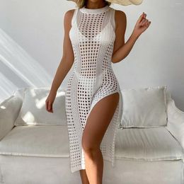 Summer Beach Dress Women Bikini Cover-Up Long Beachwear Solid Color Sleeveless Closure Loose V-Neck Knitted