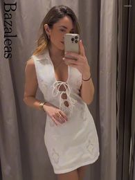 Casual Dresses 2024 Store Elegant Embroidery Mini Dress Sleeveless Women's Sexy Bandage Tie White Summer