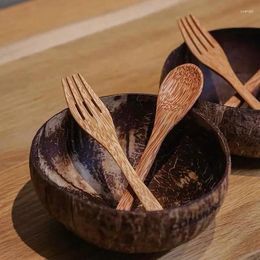 Bowls Natural Coconut Bowl Set Handmade Shell Tableware Wood Spoon Dessert Fruit Salad Mixing Rice Ramen 12cm-15cm