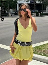 Casual Dresses Bazaleas Streetwear Yellow V Neck Mini Women Dress Sexy Backless Tank Party Elegant Summer Official