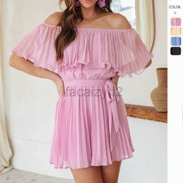 Designer Dress Summer New Solid Colour Sexy Pleated Short Sleeve jumpsuit for Leisure Vacation One Piece Shoulder Shorts for Women Plus size Dresses