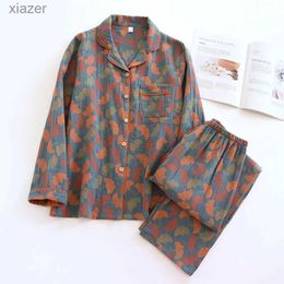 Women's Sleepwear 2024 New Spring/Summer Womens Pajamas Long sleeved Mens Two piece 100% Cotton Crepe Flower and Leaf Home Furnishings WX