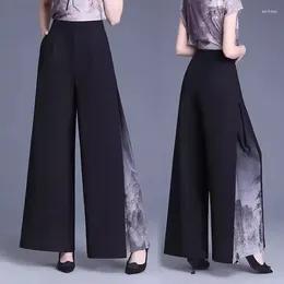 Women's Pants Elegant 2024 Summer Ethnic Style Retro Printed Wide Leg High Waist Yoga Dance Long Trousers K352