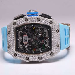 Bt Selling Half Iced Out Mens Blue Rubber Strap Wrist Watch Digned In Lab Grown Diamonds Crafted To Wear At Any Occasion