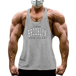 Men's Tank Tops Gym Bodybuilding Fitness Sport Tank Tops Mens Fashion Print Slveless Cotton T-Shirt Summer Cool Y-back Breathable Muscle Vests Y240507