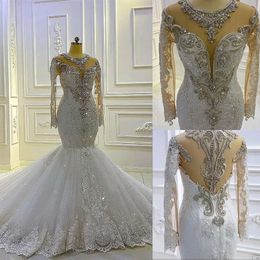 Mermaid O-Neck Beads Exquisite Lace Dresses Wedding Appliques Pearls Long Sleeve Tulle Custom Made Plus Size Bridal Gown Vestidos De Novia