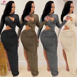 Casual Dresses Elegant Glitter Solid Ruched Long Women Dress Sexy Cut Out O Neck Sleeve High Slit Evening Club Party Robe Christmas