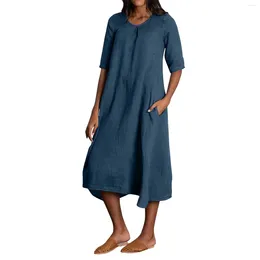 Casual Dresses Women'S Fashion Round Neck Split Sleeve Long Solid Color Cotton Linen Party For Women Dress