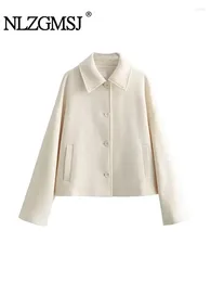 Women's Jackets Nlzgmsj 2024 Women Pocket Wool Blend Jacket Coats Vintage Single Breasted Autumn Winter Casual Loose Tops