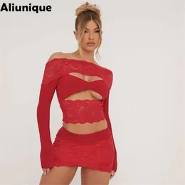 Work Dresses Aliunique 2024 Summer Lace Patchwork 2 Pieces Skirt Sets Women Sexy Slash Neck Long Sleeve Crop Top Mini Night Club Dress Suit