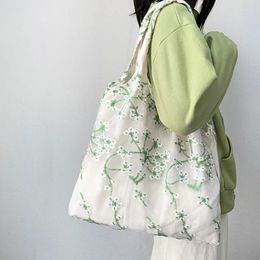 Shoulder Bags Flower Embroidery Mesh Lace Canvas Bag Women Large Capacity Student Bookbag Beach Vacation Handbag Shopping Totes