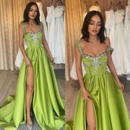 Prom Line Grass A Green Dresses Beads Straps Collar Split Evening Dress Pleats Formal Long Special Ocn Party Dress