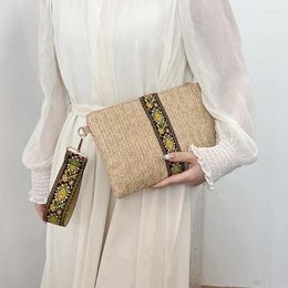 Shoulder Bags Embroidery Straw Woven Women's Clutch Bag Mobile Phone Summer Beach Handbag Trendy Wristlet