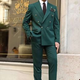 2 Men Wedding Suits Pieces Tuxedos Formal Dark Green Peaked Lapel Double Breasted Buttons Customize Coat Pants Business Prom Party Tailored Exquisite