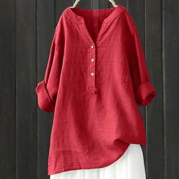 Women's Blouses Shirts Summer Long Sled Baggy Tunic Shirt Vintage Button Loose Long Sled Shirt Solid Colour V Neck Casual Fashion Linen Shirt d240507