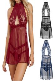 Women Collared Keyhole Cut-Out Babydoll with Panty Sleepwear Chemise Dress Sexy Lace and Mesh Backless Lingerie5403870