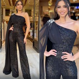 Jumpsuits Chic Gown Black Evening One Shoulder Sequins Beads Party Prom Dresses Floor Length Formal Long Jumpsuit For Special Ocn