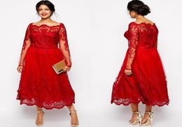 Red Full Lace Plus Size Formal Dresses Sheer Bateau Long Sleeve Evening Gowns Tea Length ALine Mother Of The Bride1932188