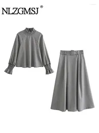 Work Dresses Nlzgmsj Woman Belted Skirts Plaid High Waist A-line Pleat Skirt 2 Piece Sets Women Elegant Ruffle O-neck Blouse Suits