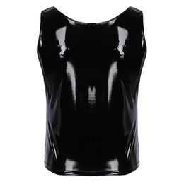 PVC Patent Leather Undershirt Tank Tops for Men Wet Look Sleeveless T Shirt Slim Fit Vest Black M 3XL Sizes Available 240507