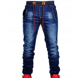 Mens Large-Size Jeans Elasticize Waist Tie Slim Casual Classic Blue Loose Stretch Joinable Fashion Simple Denim Pants 240506