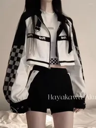 Women's Jackets Vintage Loose High Waist Black White Contrast Colour Plaid Y2k Short Streetwear Coats Women Crop Tops American Outerwear