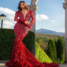 Evening Dresses V Neck Sequins Red Mermaid Beaded Long Sleeves Prom Dress Ruffle Open Back Sweep Train Formal Party Gown