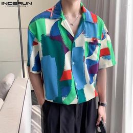 Men's Casual Shirts Stylish Style Tops INCERUN Men Colourful Square Contrast Printed Handsome Male Funny Short Sleeved Blouse S-5XL