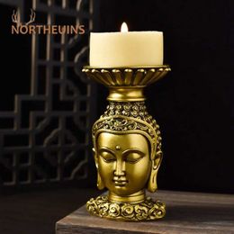 NORTHEUINS Resin Southeast Asian Antique Copper Buddha Head Candlestick Handicraft Candle Holder Home Tabletop Decor Acceeories T240505