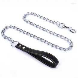 Dog Collars Metal Chain Heavy Duty Leash Chew Proof With Soft Leather Handle For Medium Large Dogs Walking Training Traveling