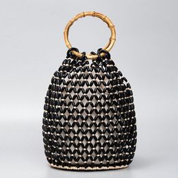 Women Retro Wooden Bead Handbag Hand-woven Bucket Bag Wooden Tote Summer Beach Wooden Bead Bag For Girls Party Cluth Bags