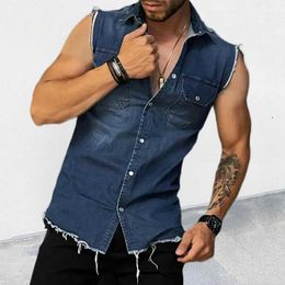 Men's Tank Tops Strtwear Mens Fashion Denim Vest Shirts Turn-down Collar Button-up Slveless Denim Tank Tops For Men Spring Summer Jean Vest Y240507