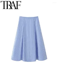 Skirts GAL 2024 Summer Striped Printed Women Blue A Line Skirt Zipper High Waisted Side Pockets Swing Female Midi Y2K Jupe