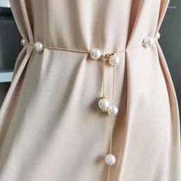 Belts Gold/Silver Adjustable Metal Elegant Pearl Women's Belt Thin Chain For Ladies Dress Skinny Waistband Decorative Jewelry