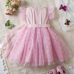 Girl Dresses Girls' Summer Flying Sleeves Polka Dotted Mesh Dress 2024 Toddler Baby Girls Tulle Tutu Solid Children Casual Clothes