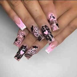 False Nails 2023 Hallown Fake Nails Black Colour Press on Nail Love Spider Pattern Fake Nail Tips for Girl Hallown Manicure Tool T240507