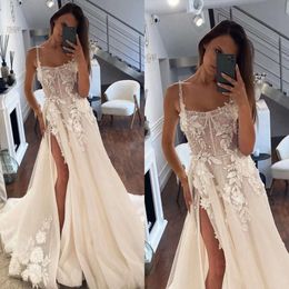 A Dress Spaghetti Line Vintage Wedding Dresses Bridal Gowns Lace Appliques Tulle Pearls Split Designer Robe Mariage es ppliques