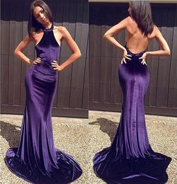 Simple Dark Purple Velvet Backless Prom Dresses Long Halter Count Train Mermaid Party Gowns Custom Made Celebrity Dresses Evening 7725452