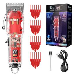 Hair Trimmer Kemei Transparent Mens Hair Clipper Rechargeable Adjustable LCD Electric Hair Trimmer Professional Beard Hair Cutting Machine T240507
