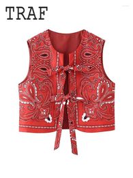 Women's Vests 2024 Vintage Printed For Women Bow Sleeveless Short Vest Jacket Woman Waistcoat Streetwear Outerwear