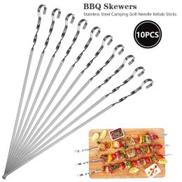 Skewers BBQ Forks 10pcs Reusable Skewers Skewer Steel Barbecue Sticks Kebab Accessories Stainless Camping Grill Flat Outdoor