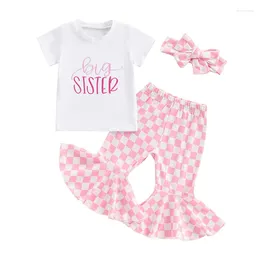 Clothing Sets Toddler Baby Girl Big Sister Bell Bottom Outfit Short Sleeve T Shirt Checkered Flare Pants Summer Fall Clothes