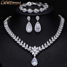 Elegant Women Wedding Jewellery African CZ Crystal Leaf Drop Bridal Necklace Bracelet and Earrings Jewellery Sets T294 2107141982192