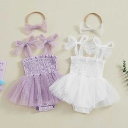 Rompers Baby Girl 2Pcs Summer Outfits Sleeveless Tie Strap Smocked Dress with Headband Set Infant Clothes H240507