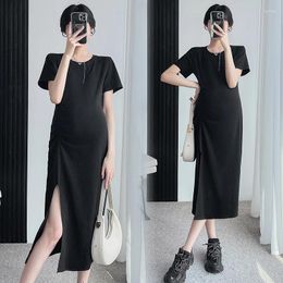 Party Dresses GAODINGLAN Large Size Pregnant Woman Short Sleeve Slit Dress Summer Temperament Pure Cotton Solid Loose Elastic Korean