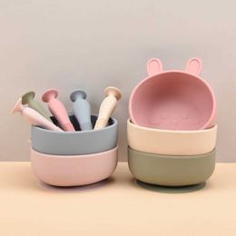 Cups Dishes Utensils Rabbit silicone baby bowl without bisphenol A silicone baby feeding bowl tableware waterproof spoon non slip crocodile bowlL2405