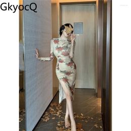 Casual Dresses Women's Vintage Gentle Stand Neck Retro Flower Print Shirring Waist Retraction Split Improved Cheongsam Ladies Clothing